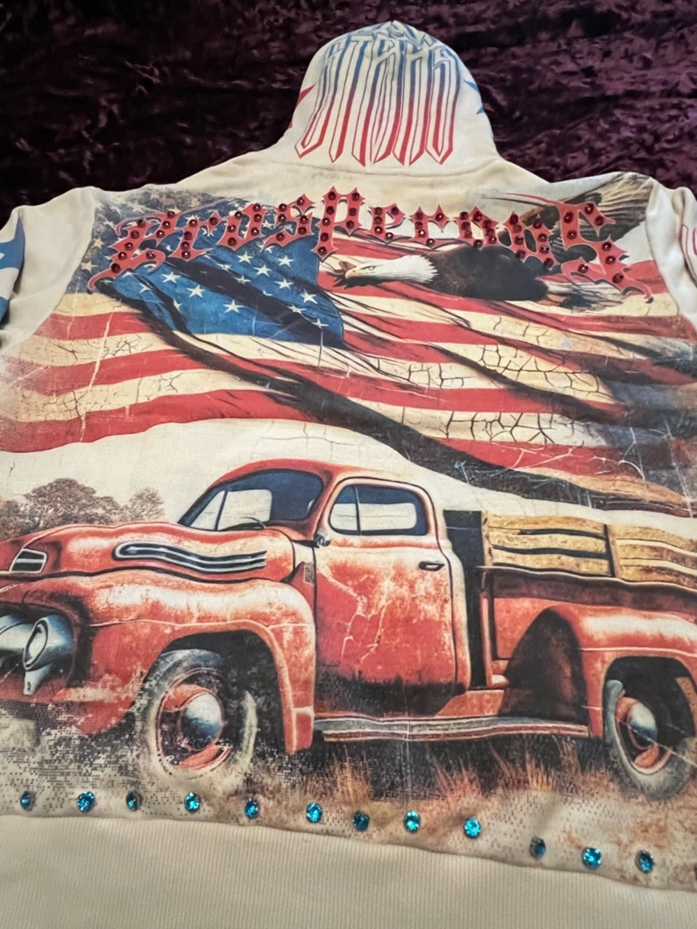 STRAY USA Flag Jeep Eagle Studded Graphic Cream Pullover Hoodie Men S
